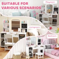 AIYAPLAY Penteadeira Infantil com Espelho LED, Cadeira, Gavetas em Tecido, Ganchos para Joias e Prateleiras, 3-8 Anos, Branco(m-8)