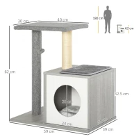 PawHut Albero Tiragraffi Multilivello per Gatti e Gattini con Cuccia e Colonna in Corda Sisal, Grigio, 59 x 39 x 62cm(m-3)
