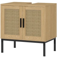 kleankin Badkameronderkast in Boho-ontwerp, Badkamerkast met Rieten Elementen, met U-vormige Uitsparing, Eiken(m-10)