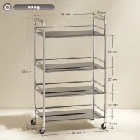 HOMCOM Carrinho Auxiliar com Rodas de Aço Inoxidável de 4 Níveis com Prateleira Ajustável 2 Rodas com Travão 60x35x100 cm  Prateado(m-3)