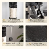 PawHut Ansamblu de Joacă pentru Pisici, montabil pe Tavan, cu Mai Multe Niveluri, Înălțime Reglabilă 240-260 cm, cu Căsuțe și Scări, Gri(m-6)