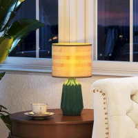 HOMCOM Candeeiro de Mesa com Base de Cerâmica e Ecrã de Linho Estilo Retro com Interruptor E27 40W Verde e Madeira(m-7)
