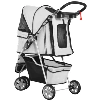 PawHut Poussette Buggy Pliable Animaux, Chariot Pliant Chien Chat, Porte-Gobelet Panier De Rangement Inclus, Roues Avec Frein, Tissu 600D Oxford Acier, 75 x 45 x 97 cm Gris(m-9)