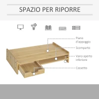 HOMCOM Supporto Monitor con Spazio per Mouse e Tastiera e Ripiano con Cubo Portaoggetti, in Bambù, 49x25.5x11.5 cm(m-5)
