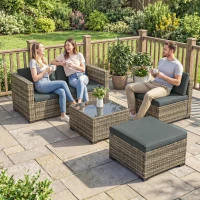 Outsunny Conjunto de Jardim em Vime de 5 Peças Inclui Almofadas 2 Poltronas de Canto Poltrona sem Braços Apoia-Pés e Mesa de Centro Cinza Escuro(m-8)