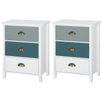 HOMCOM Bedside Table Set of 2 Chest of 3 Drawers Shabby Chic Nightstands with Metal Handle Sofa Side Table for Living Room, Bedroom,Grey and blue(m-11)