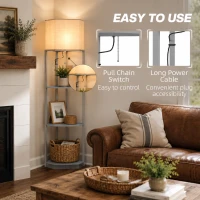 HOMCOM Corner Floor Lamp with Shelves, Tall Standing Lamps for Living Room, with Pull Chain Switch Bulb not Included, Grey(m-6)