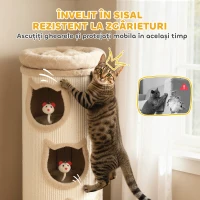 PawHut Turn pentru Pisici, Înălțime 96 cm, cu 3 Căsuțe și Pat Superior Detasabil și Lavabil, Crem(m-5)
