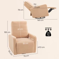 HOMCOM Poltrona Relax Reclinável Manual Poltrona Relax de Borreguito com Função de Baloiço 360° Reclinável até 135º 76x94x100 cm Marrom Claro(m-3)