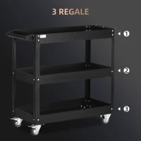 DURHAND 3-laags Gereedschapswagen, 4 Wielen, Staal, 83B x 35,3D x 76H cm, Zwart(m-4)