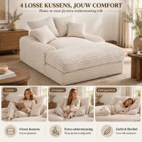 Extra diepe loungebank van ribstof, chaise longue met traagschuim en 4 kussens, zonder montage, 175 x 137 x 63 cm, beige(m-6)