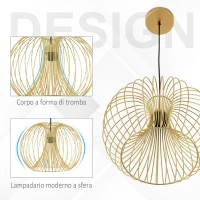 HOMCOM Lampada a Sospensione Altezza Regolabile, Illuminazione Moderna Soggiorno, Cucina, Camera da Letto, Colore Oro(m-6)