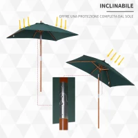 Outsunny Ombrellone da Giardino 2x1.5 m Inclinabile a 6 Stecche con Palo in Legno e Apertura a Corda, Verde(m-5)