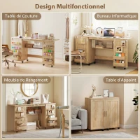 HOMCOM Table de couture pliante, meuble couture à roulettes, 2 portes magnétiques, 4 bacs, 20 crochets, 160x40x83cm, chêne(m-6)