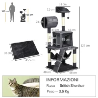 PawHut Albero per Gatti con Tiragraffi per Gatti, Casetta per Gatti, Amaca, Letto, Tunnel e Pallina, 48x48 x125 cm, Grigio Scuro(m-3)