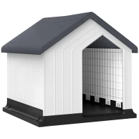 PawHut Hundehütte, wetterfest, Fenster & Tür, für kleine Hunde bis 10kg/40cm Länge, 62x61x60cm, Grau/Weiß(m-1)