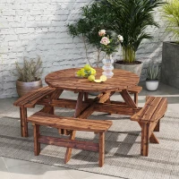 Outsunny Wooden Garden Dining Set, 8 Seater Patio Furniture Set with Round Picnic Table, Parasol Hole for Outdoor Garden, Tan(m-10)