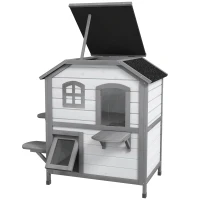 PawHut Kattenhuis Kattenhok Kattenhol, 2 Verdiepingen, weerbestendig, 78,1 cm x 55,2 cm x 90,8 cm, Wit + Grijs(m-10)