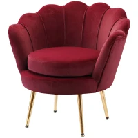 HOMCOM Fauteuil salon fauteuil en velours fauteuil coquillage avec pieds en métal doré pour chambre à coucher, rouge(m-12)