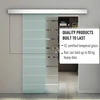 HOMCOM 90cm Sliding Glass Door with Hardware Track Kit, Frosted Tempered Glass with Stripe Pattern, Round Handle(m-8)