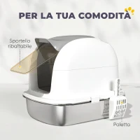 PawHut Lettiera Gatto Chiusa XL in Acciaio Inox con Coperchio Sollevabile, Paletta, Pacchetto Deodorante, Bianco(m-7)