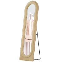 HOMCOM Espelho de Pé 50x160 cm Espelho de Corpo Inteiro ou de Parede com Desenho Assimétrico e Estrutura de Veludo Bege(m-11)