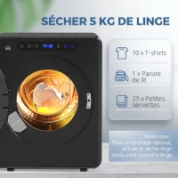 HOMCOM Sèche linge à évacuation, sèche-linge électrique 1000 W 3 Kg, modes Extra Dry et ECO, minuterie, acier inoxydable, noir(m-5)