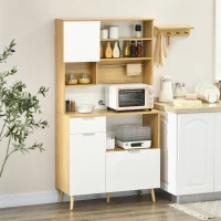 HOMCOM Armário de Cozinha com 3 Portas Gaveta Prateleira Ajustável Bancada para Micro-Ondas e Suporte para Panos 93x40x180 cm Madeira e Branco(m-10)