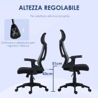 HOMCOM Sedia da Ufficio con Supporto Lombare e Poggiatesta, Seduta Girevole con Altezza Regolabile, Nero(m-6)