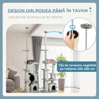 PawHut Copac Scratcher pentru Pisici la Tavan cu Platforme și Căsuță, 60x40x225-255cm, Gri(m-5)