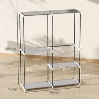 HOMCOM Armário de Roupa Aberto 142x43x185 cm Armário para Roupas com 4 Prateleiras de Tecido 3 Barras para Pendurar Cinzento(m-3)