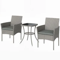 Outsunny 3 Piece Rattan Bistro Set, PE Wicker Garden Furniture Conversation Set with 2 Tier Glass-Top Table, Chairs, Dark Grey(m-15)