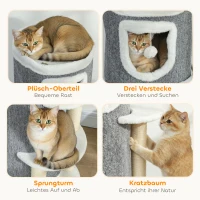 PawHut 101 cm Katzenturm, 3 Ebenen, 3 Schlafhöhlen, Spielbälle, Kratzpfosten, Sisal, Spanplatte, Grau(m-5)