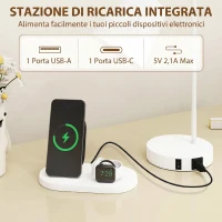 HOMCOM Set di 2 Lampade da Tavolo Moderne in Acciaio con Porte USB, Attacco E27, Bianco(m-4)