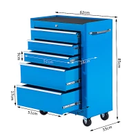 HOMCOM Chariot à outils sur roulettes, Servante d'atelier en acier 5 tiroirs verrouillable 2 clés, 61,5 x 33 x 82,5 cm, bleu(m-3)