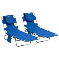 Outsunny 2 Pieces Foldable Sun Lounger with Reading Hole, Portable Sun Lounger with 5 Level Adjustable Backrest, Reclining Lounge Chair with Side Pocket, Headrest Pillow, Blue(m-10)