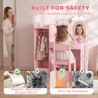 AIYAPLAY Kids Dressing Table, 3-in-1 Girls Vanity Set with Stool, 2-Colour Lights Mirror, Clothes Rack for Ages 3-8, Pink(m-7)