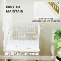 PawHut Bird Cage with Divider, 4 Wooden Perches, Slide Out Tray, 4 Feeders, for Budgie, Lovebird, Canary, 76 x 46 x 116cm White(m-7)