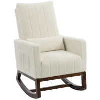 HOMCOM Silla Mecedora con Cojín Lumbar Tapizada en Franela de Nieve Respaldo Alto Base de Madera Bolsillos Laterales Crema(m-1)