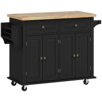 HOMCOM Ilha de Cozinha com Rodas 2 Gavetas 4 Portas Suporte para Temperos e Barra Lateral 111x44,5x82,5 cm Preto e Madeira(m-1)