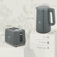 HOMCOM Digital Stainless Steel Kettle and Toaster Set, 1.5L 3000W Fast Boil Kettle, 2 Slice Toaster with 7 Level Browning Controls, Defrost, Reheat, Keep Warm, Crumb Tray and LED Touch Display, Grey(m-3)