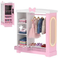 AIYAPLAY Kids Wardrobe with Lighted Mirror, Clothes Rail, Jewelry Cabinet, Shelves, Storage Boxes for Bedroom, Nursery, Pink(m-14)
