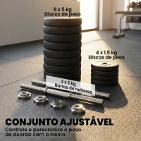 HOMCOM Conjunto de Halteres Ajustáveis Conjunto de Pesos 8x5kg 4x1,5kg e 2 Barras Total 50 kg  Preto(m-6)