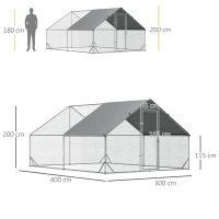PawHut Galinheiro de Exterior Grande 3x4x2m Gaiola para 8-12 Galinhas de Aço Galvanizado com Teto de PE e Fechadura para Coelhos Prata(m-3)