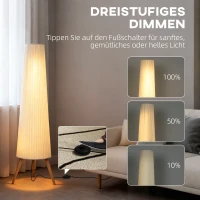 HOMCOM LED Stehlampe Wohnzimmer Dimmbar Holz mit Dreibein, Stehleuchte mit Fußschalter, 46 x 46 x 153 cm, Weiß(m-4)