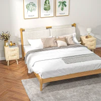 HOMCOM 2er-Set Nachttische im Boho-Design, 2 Nachttische, Rattangeflecht, 4 Schubladen, Natur(m-2)