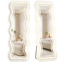 HOMCOM Full Length Mirror, 160 x 60 cm Wavy Full Body Wall Standing Mirror with Velvet Frame and LED Light Strip, Cream White(m-14)