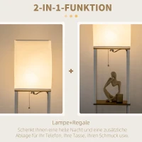 HOMCOM Staandelamp, Vloerlamp met Planken, Metalen Frame, Stoffen Kap, 26x26x159cm, Wit/Bruin(m-5)