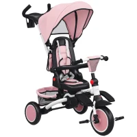 AIYAPLAY Triciclo Evolutivo 6 em 1 Dobrável Assento Giratório 360° Barra Parental Encosto Reclinável Toldo Rosa(m-1)