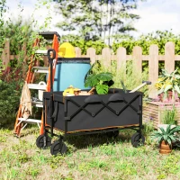 Outsunny 160L Festival Trolley on Wheels, Folding Camping Trolley Cart w/ Tailgate, 100kg Heavy Duty Garden Collapsible Folding Wagon w/Adjustable Handle, Carry Bag for Beach Picnic, Black and Orange(m-2)